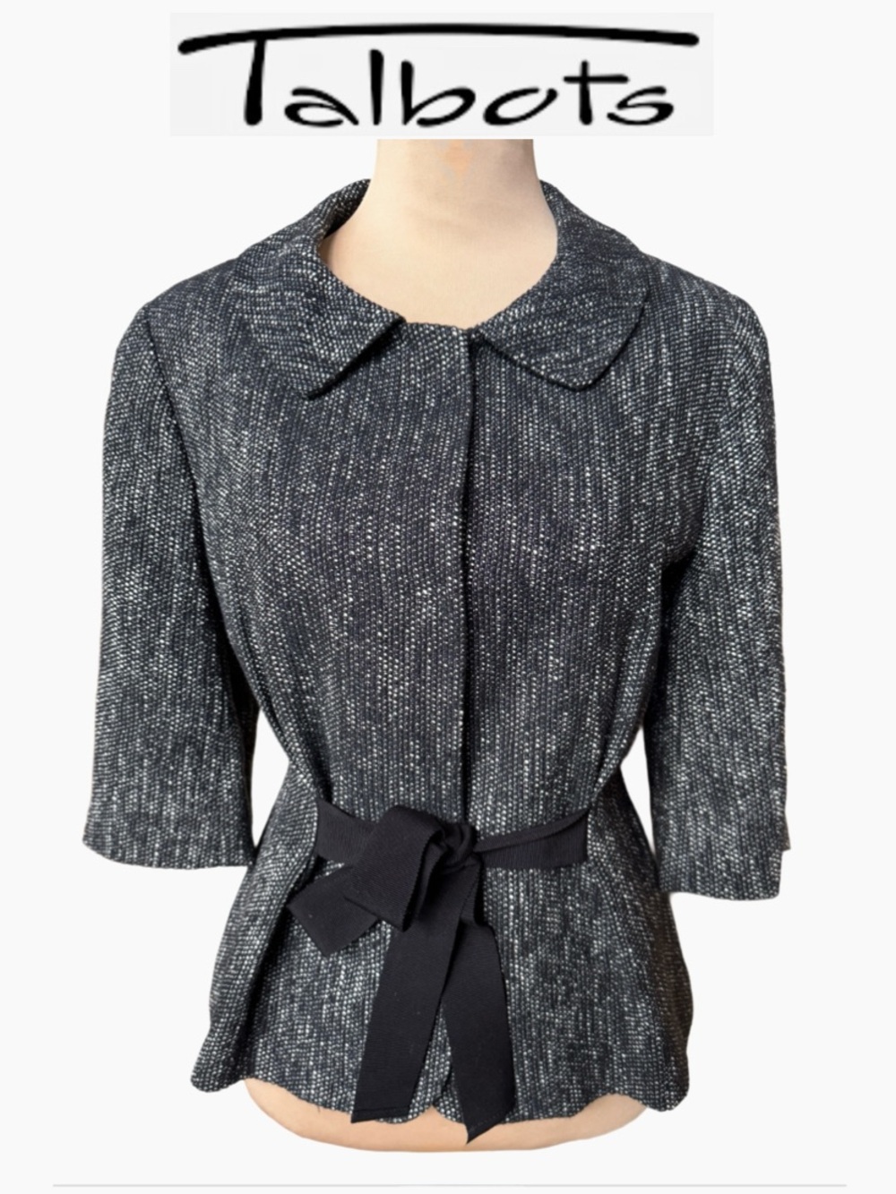 Talbots Black White Tweed Cropped Jacket 3/4 Sleeves Lined Tie Belt (12P) - Picture 15 of 17